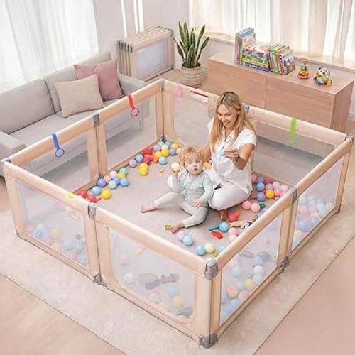 Kidirect Foldable Baby Playpen, 71"×69" Extra Large Playpen for Babies and Toddlers, Portable Play Yard with 5 Handles, Indoor Outdoor Safety Baby Fence with Visible Mesh,Khaki