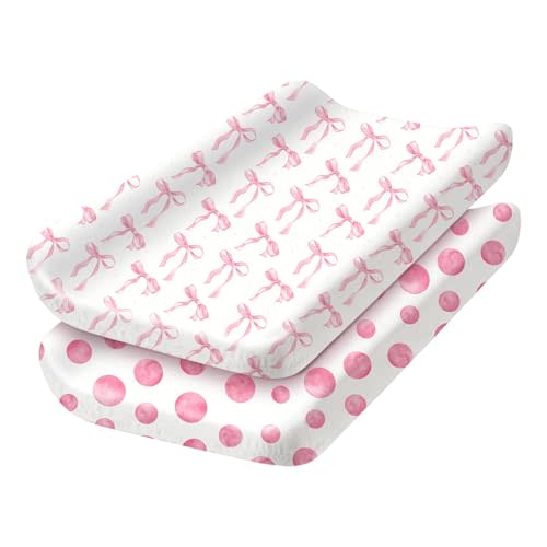 2 Pack Baby Changing Pad Covers, Changing Table Cover for Girls, Pink Bow Changing Pad Covers 32'' x 16'' Safe Snug Fitted Diaper Table Sheet Fits Standard Changing Tables and Dressers(Bassinet)