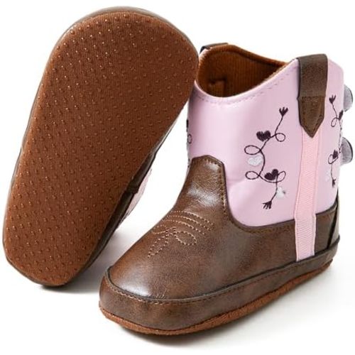 Jastore Leather Western Boots Cowboy Bootie Soft Sole Non-Slip Crib Shoes for Baby Infant Toddler