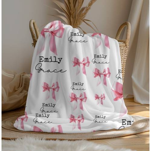 Custom Bow Blanket, Coquette Bow Name Girl Blanket, Coquette Blanket Gift for Preppy Room Decor, Newborn Name Blanket for Girl Nursery Decor