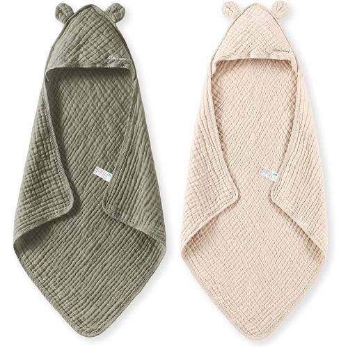 Momcozy Baby Towels, 6-Layer 100% Cotton Muslin Hooded Baby Towel Set for Newborn, Infant & Toddler, Soft Absorbent Baby Bath Essentials, Large 32 x 32 Inch