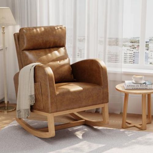 Modern Fabric Nursery Rocking Chair with Side Pockets and Pillow - Glider Accent Chair for Living Room Bedroom - Orange+Pu Leather Without Footrest