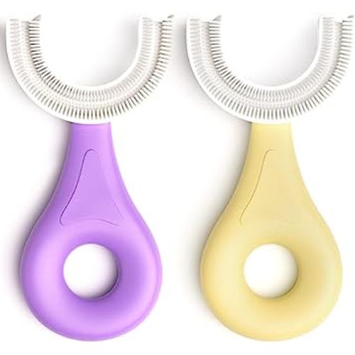 YOTEE U-Shaped Toothbrush Kids 2 PCS - Toddler Toothbrush with Food Grade Soft Silicone Brush Head, Manual Whole Mouth Tooth Brush for Kids Age 2-6(Purple+Yellow)
