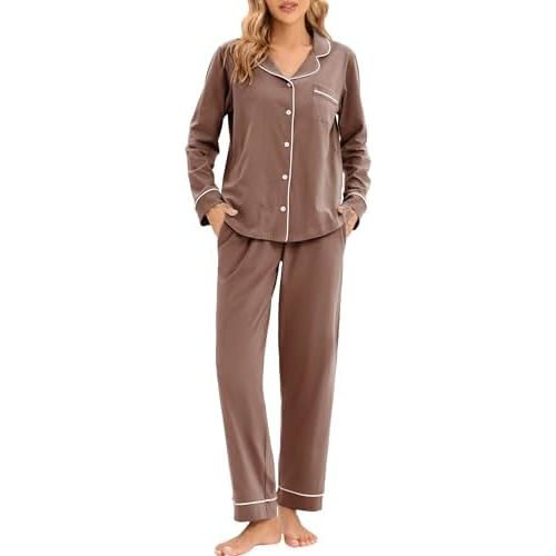 LUBOT 100% Cotton Pajamas for Women PJ Set Soft Button-Down 2 Piece Set Knitted Long Sleeve Sleepwear Loungewear XS-XXL