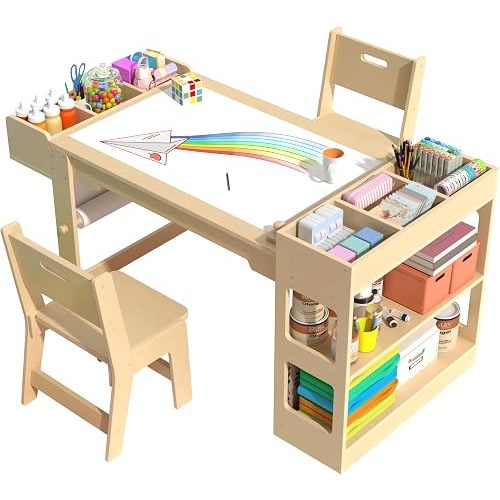 Kids Art Table and Chair Set, Kids Craft Table with Storage, Toddler Activity Play Desk with 2 Chairs, Wood Art Craft Play Desk with Paper Roller for Writing, Drawing, Learning and Reading