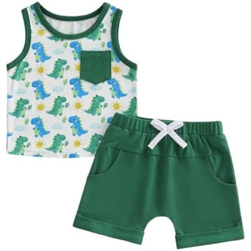 Toddler Baby Boy Summer Clothes Boat/Tree/Dinosaur Print Tank Vest Top + Elastic Waist Shorts Sets Outfits
