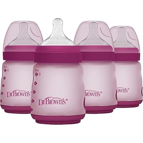 Dr. Brown's Silicone Baby Bottle with Collapsible Insert Designed to Reduce Colic, 5 oz with Wide-Neck Level 1 Slow Flow Nipple, 0m+, Pink, 4-Pack