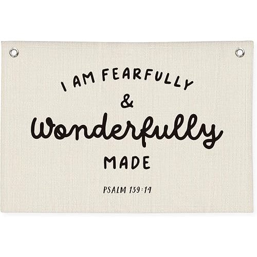 Kids Room Decor - Bible Verse Wall Hanging, 'I am Fearfully and Wonderfully Made' Linen Banner, Canvas Decoration for Classroom, Nursery, Kids Room