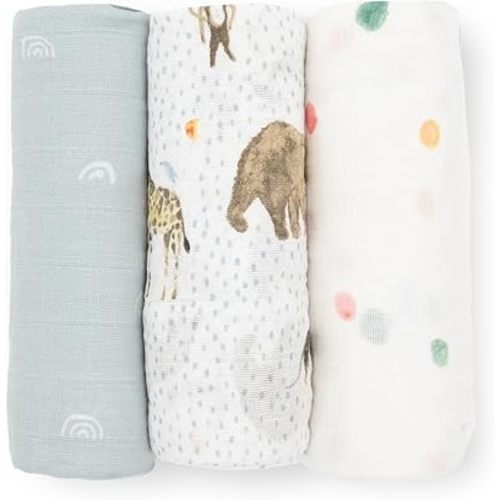 Little Unicorn Muslin Swaddle Blanket for Newborns & Infants | Soft & Breathable Fabric | Set of 3 Baby Blankets for Swaddling, Nursing, Shower Gifts (Party Animals)
