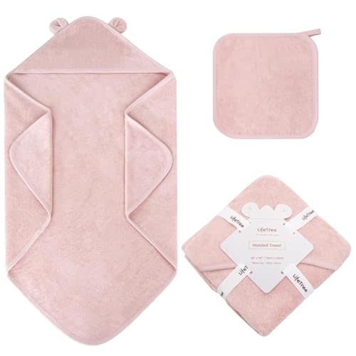 LifeTree 1 Pack Baby Hooded Towel with 1 Pack Washcloth for Newborn, 100% Cotton Bath Towel for Babies, Infant, Toddler and Kids, Thick,Soft and Absorbent, 30 * 30 Inches, Newborn Essentials, Pink