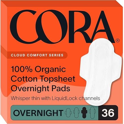 Cora 100% Organic Cotton Topsheet | Ultra Thin Period Pads with Wings | Overnight Absorbency | Ultra-Absorbent Sanitary Pads for Women (36 Count)
