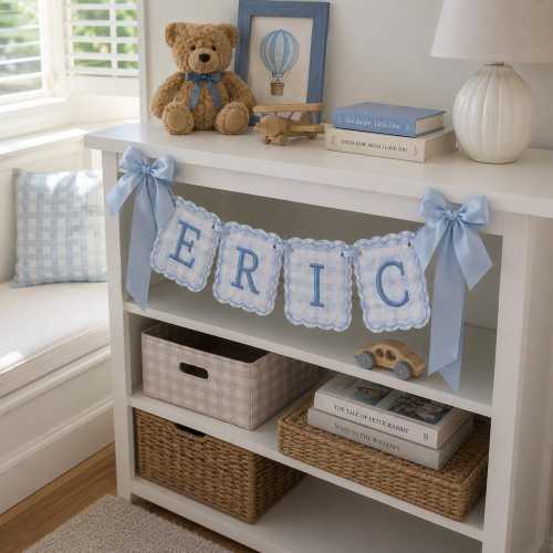 Custom Embroidered Gingham Name Banner, Nursery Garland, Baby Shower Decor