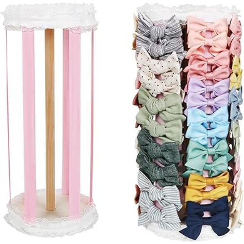 Munzong Pink Bow Holder for Girls Hair Bows, Hair Clip & Hair Accessories Storage Rack for Baby Girl Large Capacity Display Bows Organizer 360°Rotating Stand for Nursery Room Decor-12.6x5.5inch