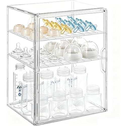 Clear 3-Tier Baby Bottle Organizer with Magnetic Door, Acrylic Dustproof Nursery Storage Box with Removable Dividers, Countertop Feeding Bottle Holder for Baby Supplies, Kitchen, Bathroom Vanity