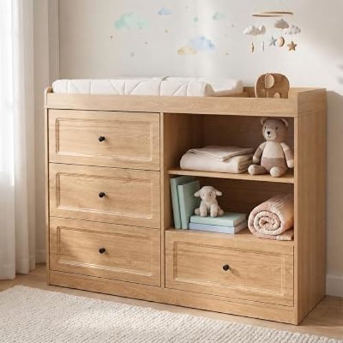 Baby Changing Table Dresser with Drawers, Natural Wood