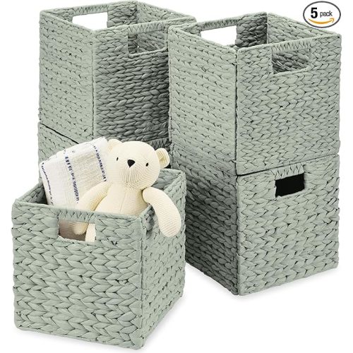 Best Choice Products 10.5x10.5in Pack of 5 Cube Storage Baskets, Water Hyacinth Multipurpose Collapsible Organizers, Handwoven Toy Storage Totes for Kids Room, Nursery & Living Room - Sage