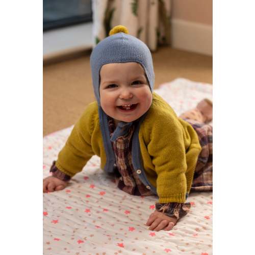 Rosie Sugden Cashmere’s Baby Bonnet in Calder with Ivory Pom-Pom