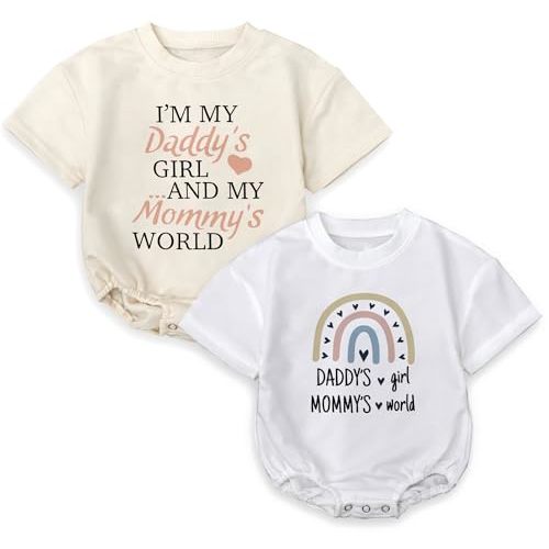 2Pcs Baby Girl Romper for Father’s Day, “Daddy’s Girl & Mommy’s World” Outfit, Bodysuit Short Sleeve Infant for 0-24 Months