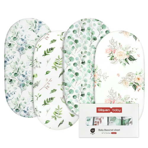 Gllquen Baby Premium Bassinet Sheets Set 4 Pack for Girls Newborns Infant Toddlers, Plants & Flowers
