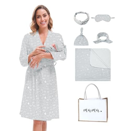 MORFORU Maternity Robe and Baby Swaddle Blanket Set, Mommy Delivery Robe Baby Blanket Hairband Hat Hairtie Hospital Bag