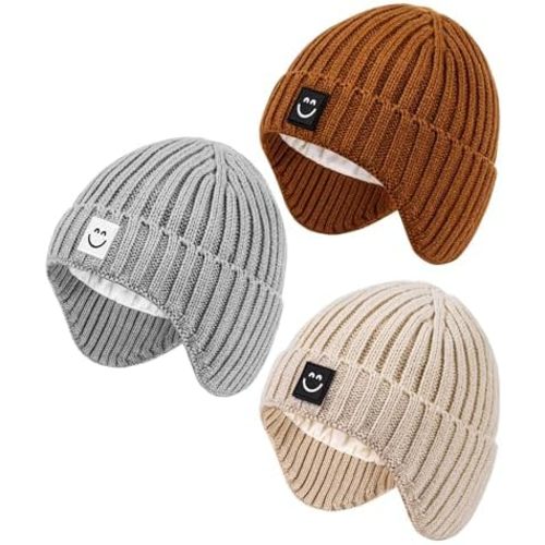 3 Pack Baby Beanie Hats with Earflaps, 2 Size Baby Winter Hat for Infant Toddler Kids, Fleece Lined Knit Hat for Girls Boys
