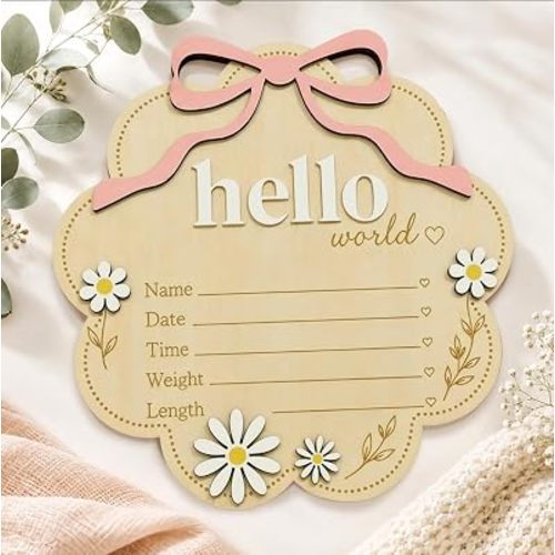 Baby Announcement Sign, Hello World Wooden Baby Name Sign for Hospital, Newborn Birth Stats Photo Prop with Pink Bow and Daisy, Baby First Photo Keepsake, Newborn Nursery Decor, Baby Birth Gift