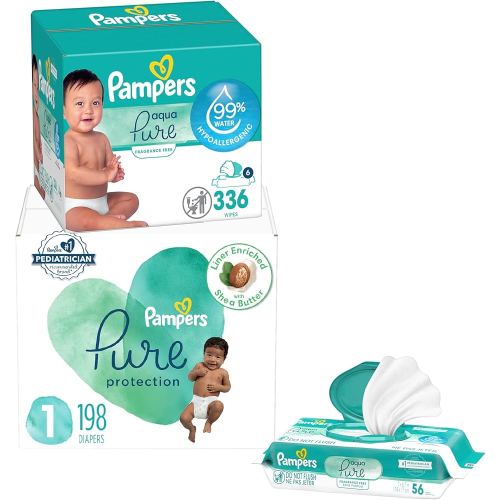 Pampers Pure Protection Disposable Baby Diapers Size 1, One Month Supply (198 Count) with Aqua Pure Baby Wipes, 6X Pop-Top Packs (336 Count)