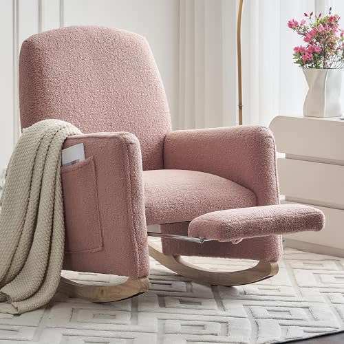Modern Rocking Chair Nursery, Comfy Glider Nursery Chair with Foot Rest, Upholstered Rocker with Pocket, Accent Reading Armchair with Solid Wood Base for Living Room, Bedroom, Lounge Room (Pink)