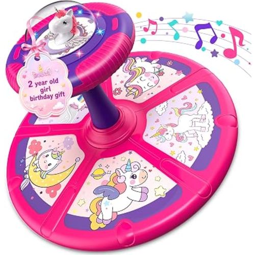 Flooyes Unicorn Sit and Spin Toys for Toddlers Girls 2 Years Old, Christmas Birthday Gifts for 1 2 3 4, with LED and Music, 360° Spin