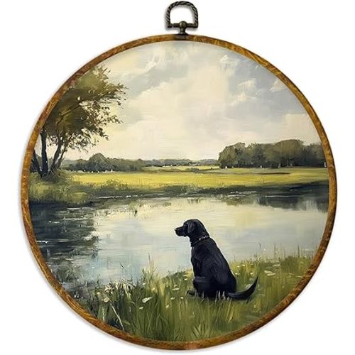 XPH Vintage Rustic Black Labrador Retriever Round Wall Art Framed, Country Landscape Dog Circle Wall Decor, Black Lab Gifts Hanging Canvas Prints for Home Bedroom Living Room Decoration, 10x10 Inch