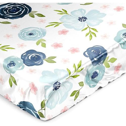 Sweet Jojo Designs Blush Pink Blue Boho Floral Girl Baby Satin Fitted Crib Sheet Infant Newborn Nursery Toddler Bed Room Standard Mattress Navy Grey Bohemian Farmhouse Shabby Chic Watercolor Elegant