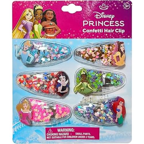 LUV HER Licensed Hair Accessories For Girls, 6pc Cute Hair Clips with Favorite Disney Princess Character Charms, Magical Confetti Hair Clips, Ages 3+