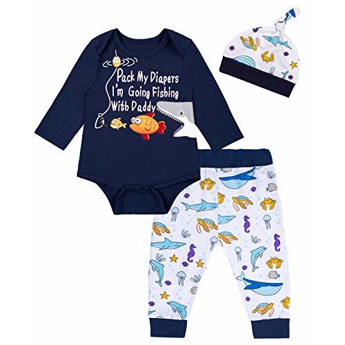 Auggle 3PCS Baby Boys' Daddy's New Fishing Buddy Outfit Set Short Sleeve Bodysuit