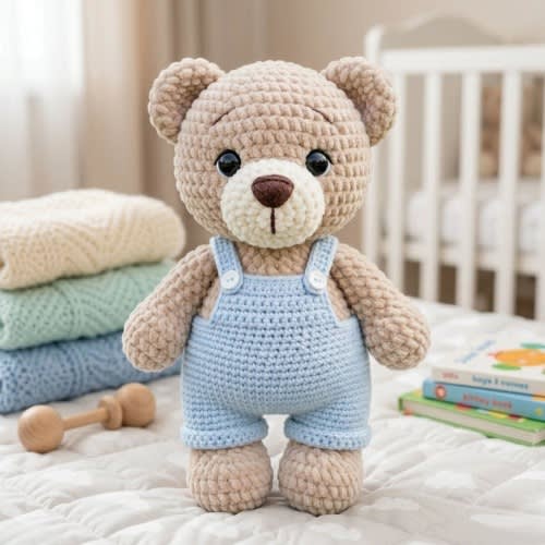 Crochet Teddy Bear Plush, Handmade Bear Amigurumi Doll, Cute Blue Overalls Bear Toy, Kawaii Nursery Decor, Baby Gift Idea