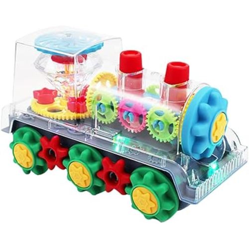 Miracland Transparent Gear Locomotive Toy, Light-up Train Toy Railway Engine Model Toy Toddler Musical Toy 3D Gears Bump & Go Car Toy for Kids with 360° Rotation Function, Lights and Music