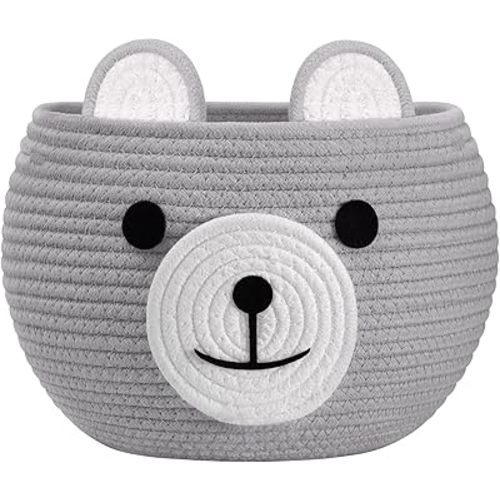 CherryNow Baby Basket for Nursery, Bear Gift Baskets Empey for Kids, Diaper Caddy Baby Shower Basket, Cute Animal Baskets for Toy Storage, Light Grey, 10.5"D x 8.5"H