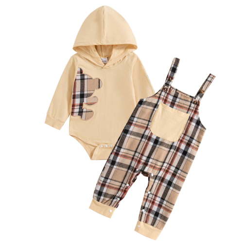 Kucnuzki 0 Months Newborn Baby Boys Outfit Set 3 Months Winter Clothes Long Sleeves Bear Print Hooded Romper Hoodie Top Plaid Suspender Pants Sets 2pcs Cute Clothing Gift Apricot