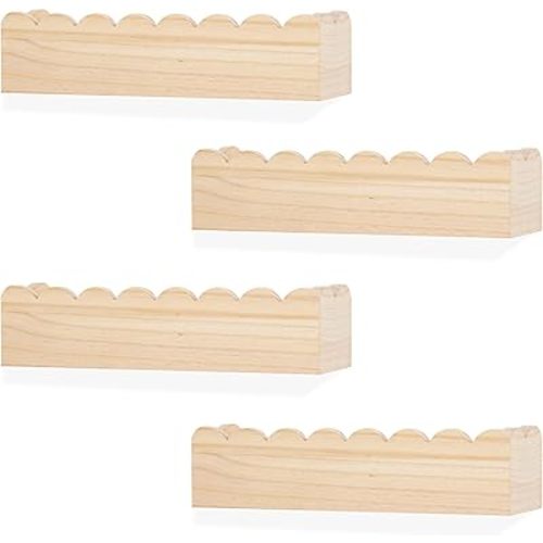Wood Floating Shelves for Wall,Nursery Bookshelf,Kids Book Shelf,Baby Toys Storage Decor Organizer Wall Mounted for Living Room Bedroom,Wavy Edge,Preassembled,4 Pack,Scalloped Pine(Natural Wood)