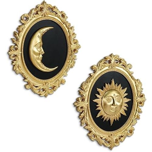 Putuo Decor Baroque Sun Moon Wall Decor Set, 2-Piece 3D Ovals Gold Resin Relief on Black Backing, Vintage Celestial Accent Wall Hanging Art for Living Room Bedroom Entryway Gallery