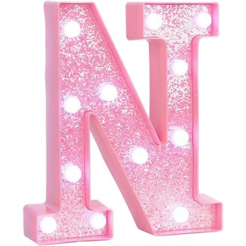 Pink Marquee Light Up Letters, Glitter Alphabet LED Letter Lights for Pink Birthday Party Decorations, Battery Operated Letter Sign for Girls Room Vanity Table Decor, Cool White Lights Letter N
