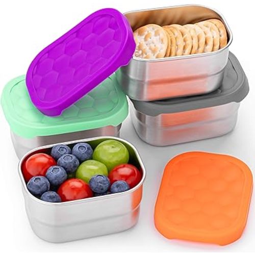 Everusely - Stainless Steel Snack Containers - 8 oz / 230 ml, 4-Pack, Flavorful - Leakproof Food Storage Boxes + Lids for Travel - Reusable Containers for Adults - Small Boxes for Portion Control