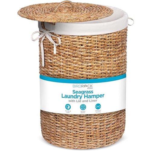 BIRDROCK HOME Seagrass Laundry Hamper with Lid & Liner - Handwoven Round Basket with Handles for Laundry/Dirty Clothes - Organizer, Storage, Shelves, Bin in Bathroom, Bedroom & Laundry Room - Natural