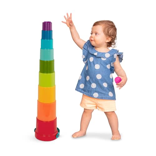 Battat Stacking Cups, Stack Up Cups Nesting Toy Set, 10 Pieces, Toddler | 9 stacking cups plus 1 bucket with handle; embossed numbers for counting, bath and beach sensory play, Toddler; 18+ Months