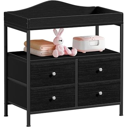 BOLUO Black Changing Table Dresser with 4 Fabric Drawers and Open Shelf, Baby Dresser with Changing Table Top Diaper Changing Station with Storage for Nursery Modern