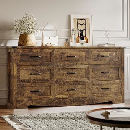 BORNOON 9-Drawer Dresser for Bedroom, Modern Wooden Chest of Drawers with Metal Handles, Anti-Tipping Design, Sturdy and Stable Storage Organizer for Living Room, Entryway, Home Office
