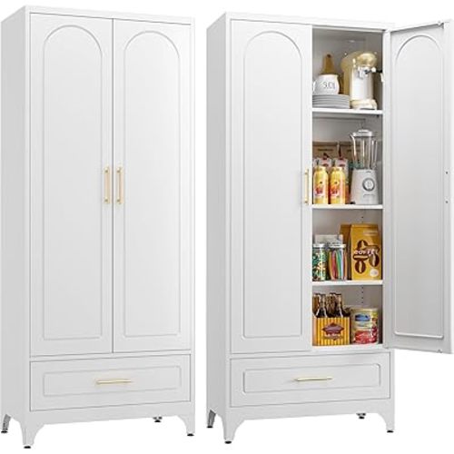 Metal Storage Cabinet with Doors and Shelves, 75" Tall Kitchen Pantry Storage Cabinets with Drawer, White Pantry Cabinet, Steel Office Cabinets, Large Cupboard - Assembly Required