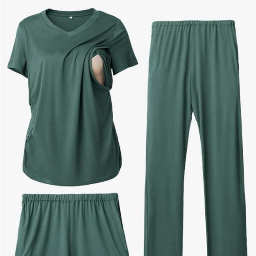Rnxrbb 3 Piece Women's Maternity Nursing Pajamas Set V Neck Breastfeeding Pjs Sleepwear Postpartum Shorts&Pants Pockets