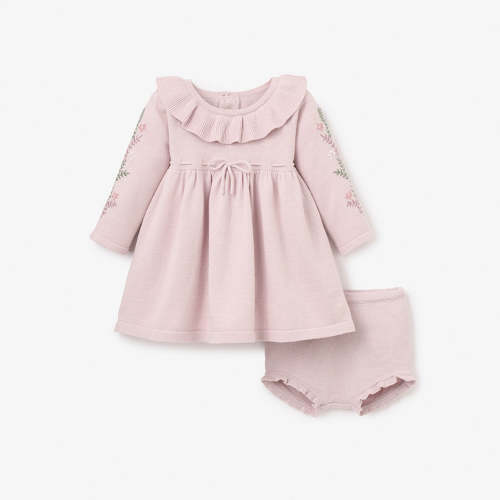 Violet Floral Embroidered Sleeve Dress & Bloomer Set
 – Elegant Baby