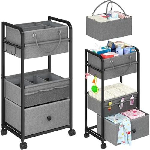 Cidaziya 3In1 Baby Diaper Caddy Organizer, 3 Tier Rolling Cart with Drawer, Detachable Dividers, Mobile Utility Cart Baby Dresser Clothes Organizer for Crib, Bedroom, Art & Craft Storage, Grey