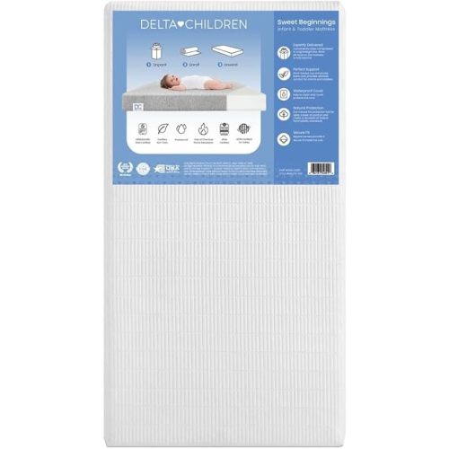Delta Children Sweet Beginnings Dual Sided Baby Crib Mattress and Toddler Mattress, GREENGUARD Gold and CertiPUR-US Certified, Firm Plant-Based Foam, Waterproof, 5 Year Warranty, Made in USA, White